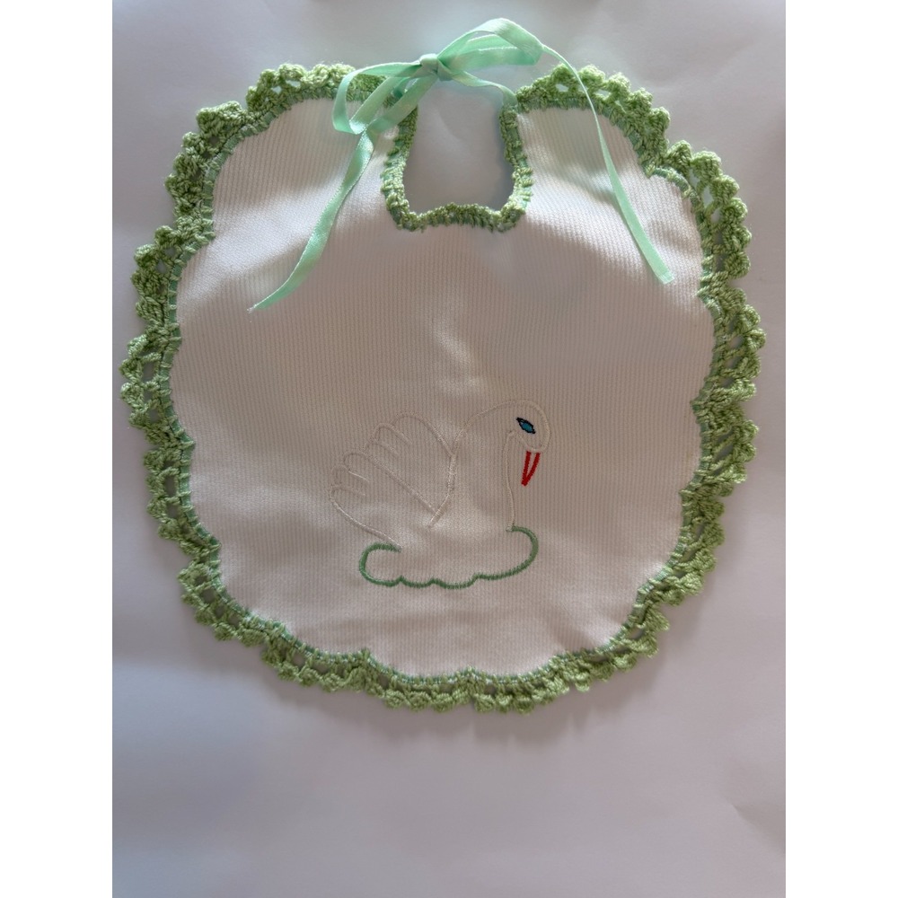 Handmade Vintage Inspired Swan Baby Bib Crochet Edging Ribbon Tie White Green